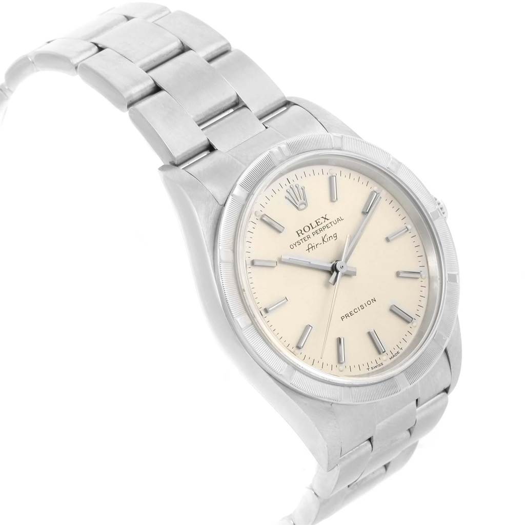 The image shows a Rolex Air-King 14010 Men's Stainless Steel Silver Dial 14010 Men's Stainless Steel Silver Dial watch from an angled view, highlighting its dial, hands, and bracelet.