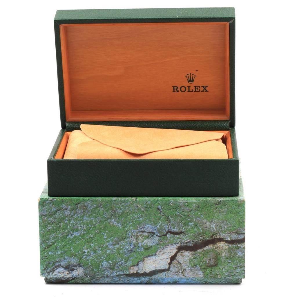 The image shows the opened packaging box for a Rolex Air-King 14010 Men's Stainless Steel Silver Dial 14010 Men's Stainless Steel Silver Dial watch, with the watch protected inside a pouch.