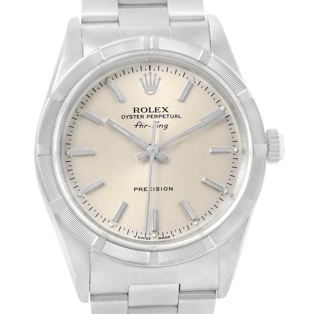 This is a front view of a Rolex Air-King 14010 Men's Stainless Steel Silver Dial 14010 Men's Stainless Steel Silver Dial watch, showing the dial, crown, bezel, and part of the bracelet.