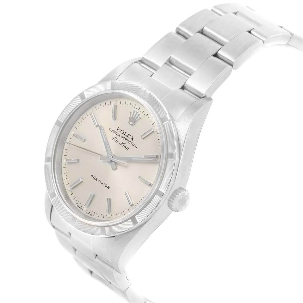 The image shows a Rolex Air-King 14010 Men's Stainless Steel Silver Dial 14010 Men's Stainless Steel Silver Dial watch angled to display the dial, crown, and part of the bracelet.
