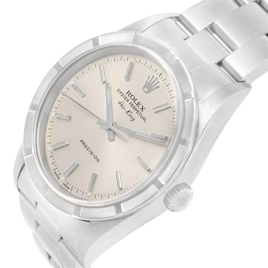 The Rolex Air-King 14010 Men's Stainless Steel Silver Dial 14010 Men's Stainless Steel Silver Dial watch is shown at an angled view, displaying the face, crown, and part of the bracelet.