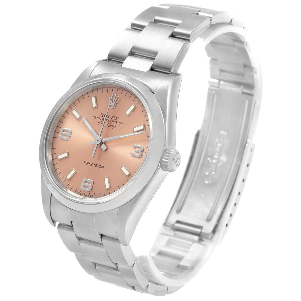 The image shows a Rolex Air-King 14000 Men's Stainless Steel Pink Dial 14000 Men's Stainless Steel Pink Dial watch at a slight angle, highlighting its dial, crown, and bracelet.