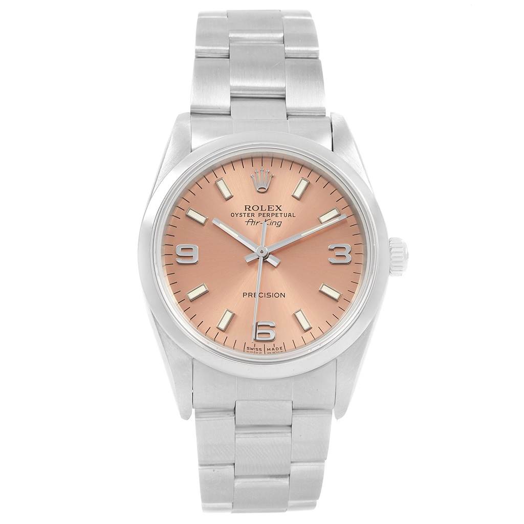 The image shows a frontal view of the Rolex Air-King 14000 Men's Stainless Steel Pink Dial 14000 Men's Stainless Steel Pink Dial watch, highlighting its dial, case, bracelet, and crown.