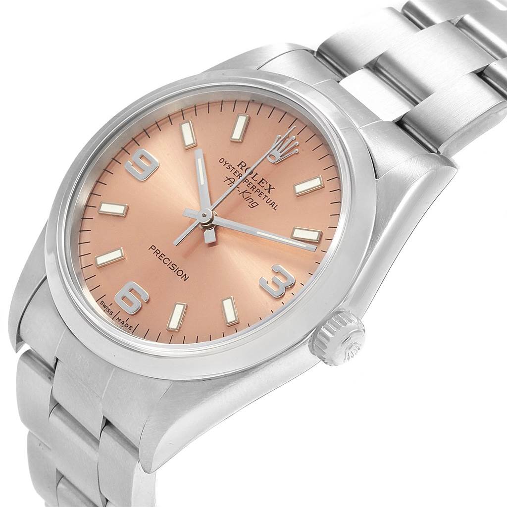 This image shows the face, bezel, crown, and part of the bracelet of the Rolex Air-King 14000 Men's Stainless Steel Pink Dial 14000 Men's Stainless Steel Pink Dial model from an angled perspective.