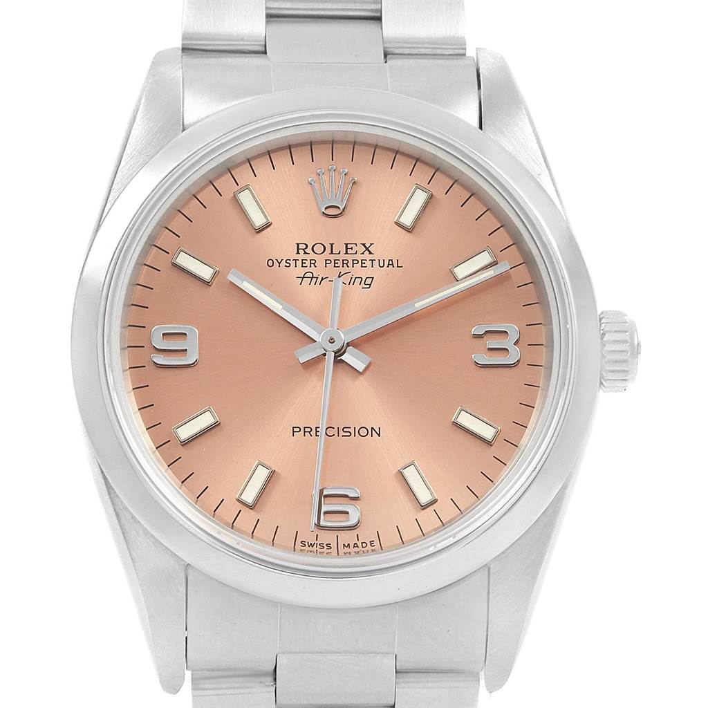 This is a front view of the Rolex Air-King 14000 Men's Stainless Steel Pink Dial 14000 Men's Stainless Steel Pink Dial watch, showing the dial, hands, and part of the bracelet.
