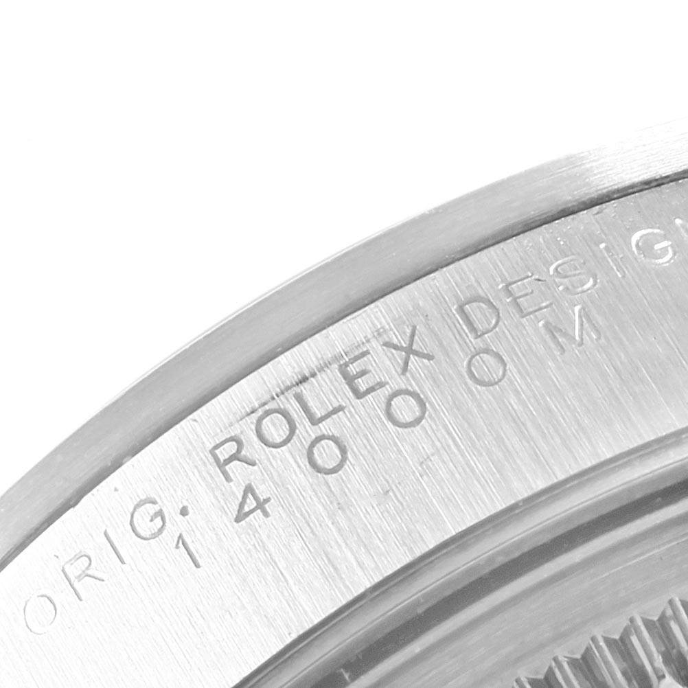 This image shows a close-up of the case back engraving on a Rolex Air-King 14000 Men's Stainless Steel Blue Dial 14000 Men's Stainless Steel Blue Dial watch.
