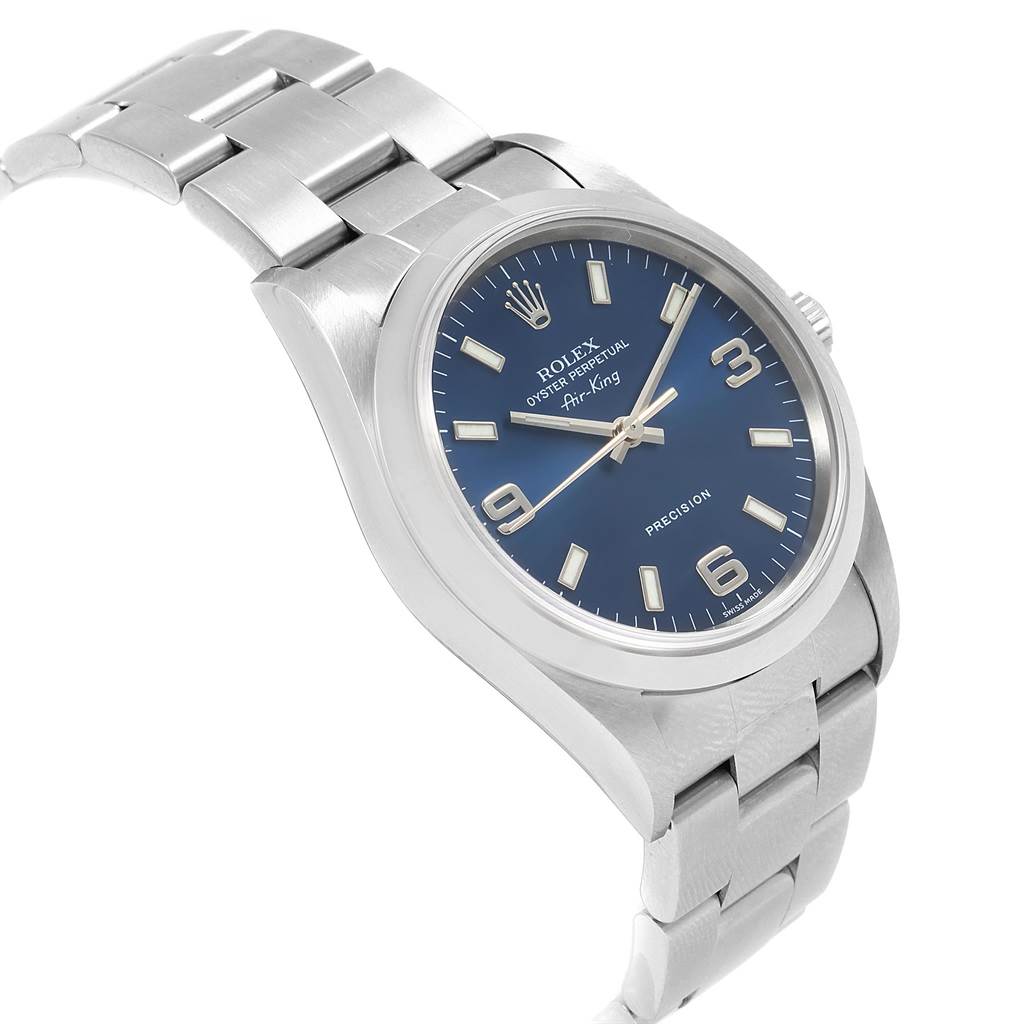 The Rolex Air-King 14000 Men's Stainless Steel Blue Dial 14000 Men's Stainless Steel Blue Dial watch is shown from a slight angled perspective, clearly displaying its blue dial and stainless steel bracelet.