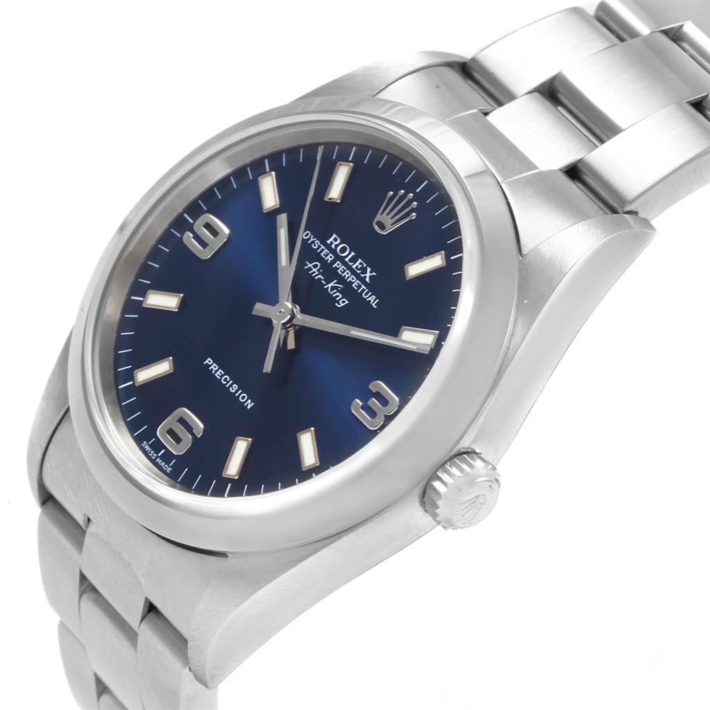 The image shows a close-up angled view of a Rolex Air-King 14000 Men's Stainless Steel Blue Dial 14000 Men's Stainless Steel Blue Dial watch, highlighting the face, crown, and part of the metal bracelet.