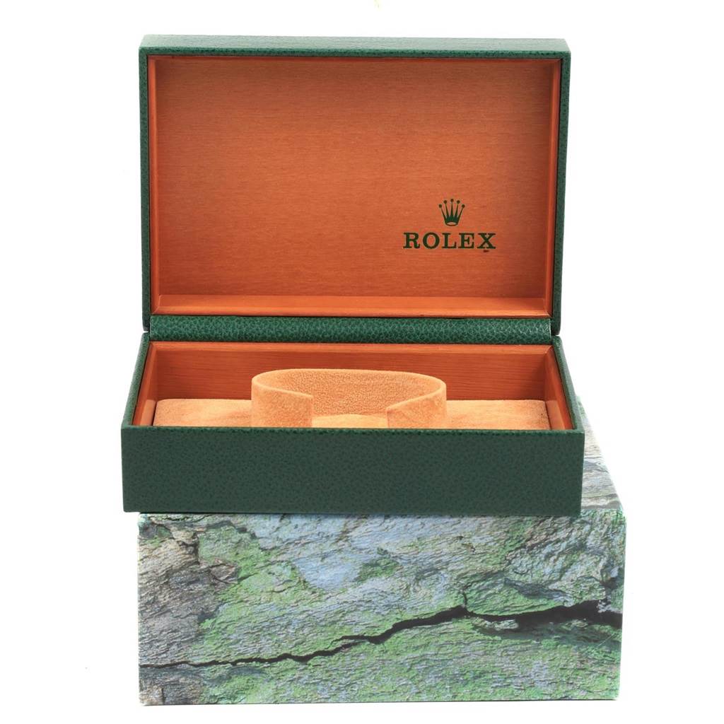 The image shows an open Rolex Air-King 14000 Men's Stainless Steel Blue Dial 14000 Men's Stainless Steel Blue Dial watch box, displaying the signature green outer box and orange inner lining.