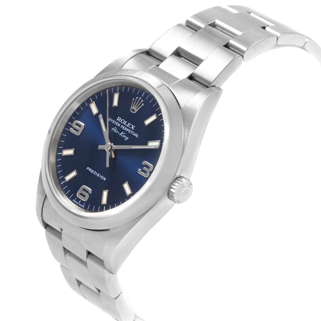The image shows a Rolex Air-King 14000 Men's Stainless Steel Blue Dial 14000 Men's Stainless Steel Blue Dial watch from an angle highlighting the face, crown, and partial bracelet.