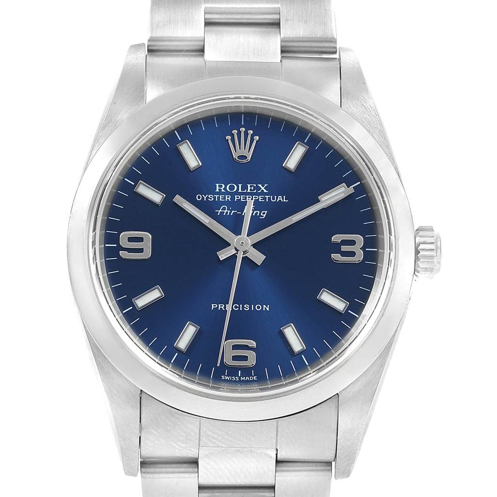 The Rolex Air-King 14000 Men's Stainless Steel Blue Dial 14000 Men's Stainless Steel Blue Dial watch is shown from a front angle, displaying the face, hands, markers, crown, and part of the bracelet.