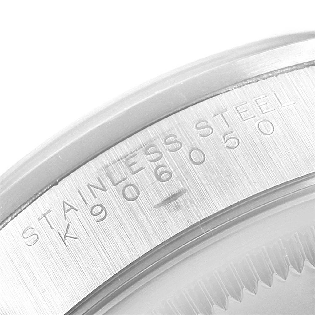 This is a close-up of the case back of a Rolex Air-King 14000 Men's Stainless Steel Blue Dial 14000 Men's Stainless Steel Blue Dial watch, showing the stainless steel material and model details.