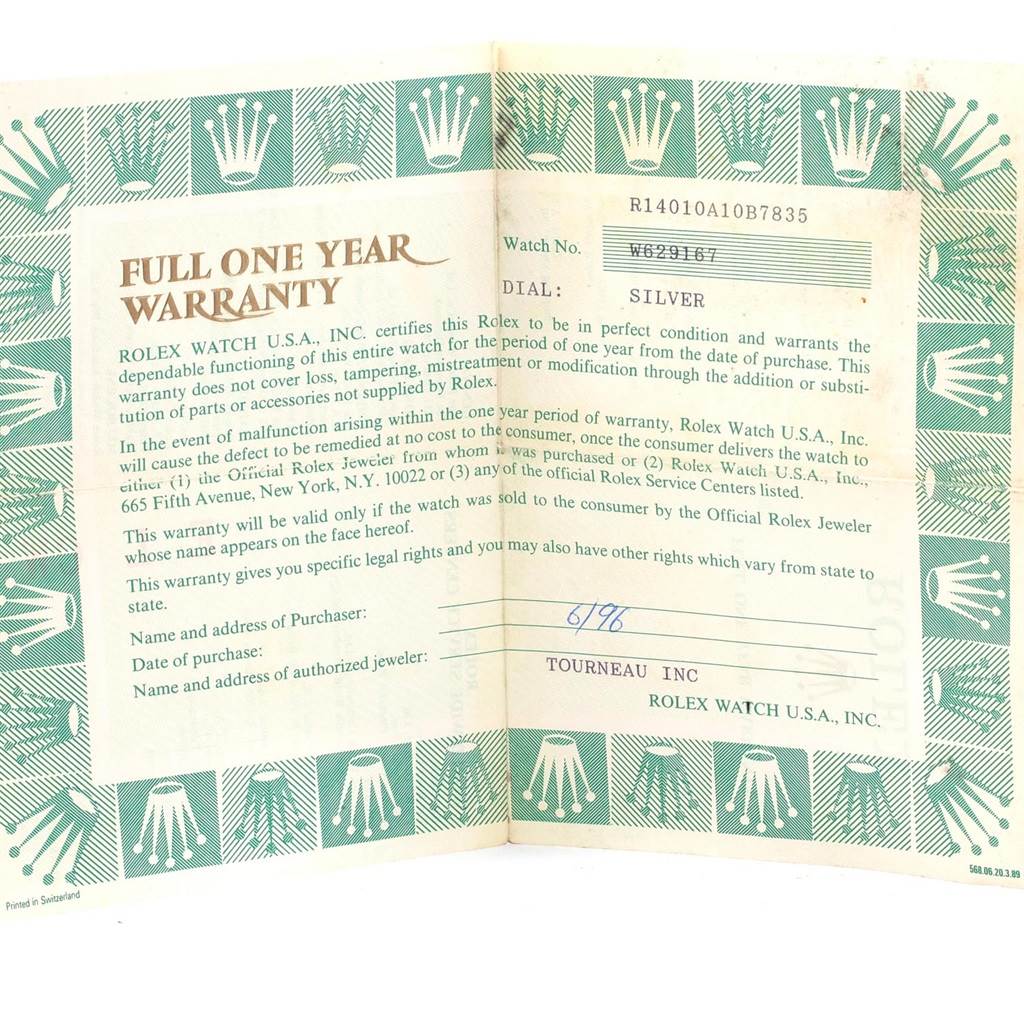 The image shows a full one-year warranty card for the Rolex Air-King 14010 Men's Stainless Steel Silver Dial 14010 Men's Stainless Steel Silver Dial model, including the watch details and purchase information.