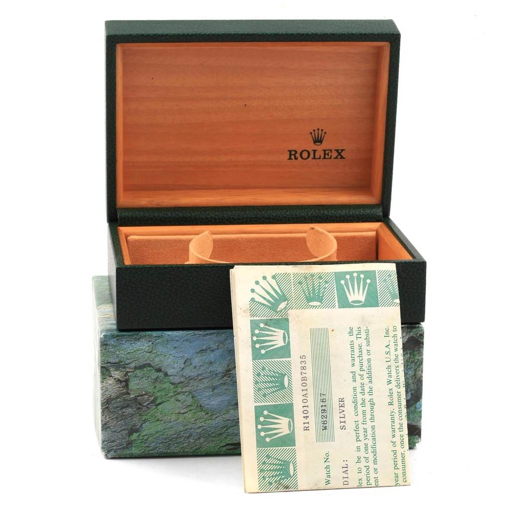 The image shows a Rolex Air-King 14010 Men's Stainless Steel Silver Dial 14010 Men's Stainless Steel Silver Dial watch box and papers, prominently displaying the open velvet-lined interior and outer packaging.