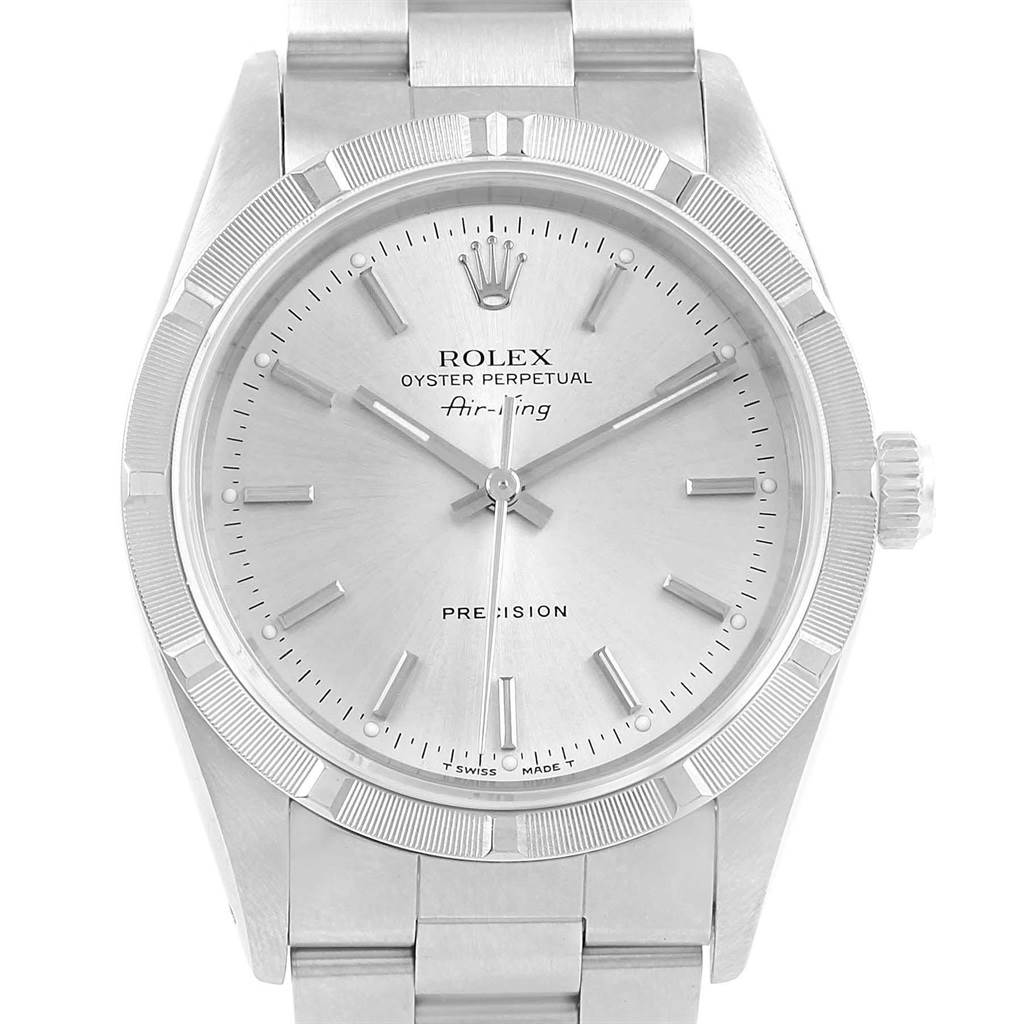 The image shows a front view of a Rolex Air-King 14010 Men's Stainless Steel Silver Dial 14010 Men's Stainless Steel Silver Dial watch, highlighting its dial, hands, bezel, and part of the bracelet.