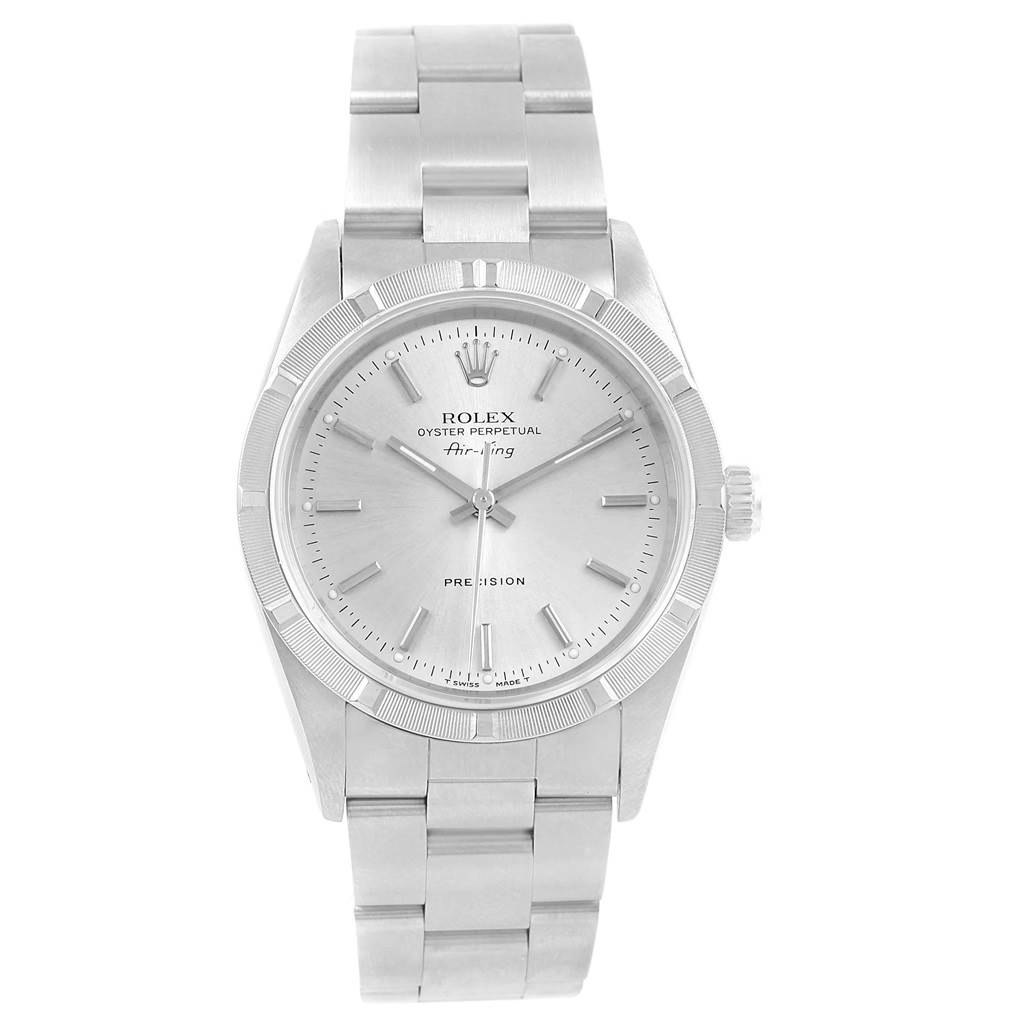 The image shows a frontal view of a Rolex Air-King 14010 Men's Stainless Steel Silver Dial 14010 Men's Stainless Steel Silver Dial watch, displaying its dial, hands, bezel, and bracelet.