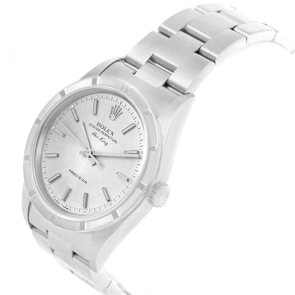 The image shows a side angle of the Rolex Air-King 14010 Men's Stainless Steel Silver Dial 14010 Men's Stainless Steel Silver Dial watch, displaying the face, crown, and part of the bracelet.