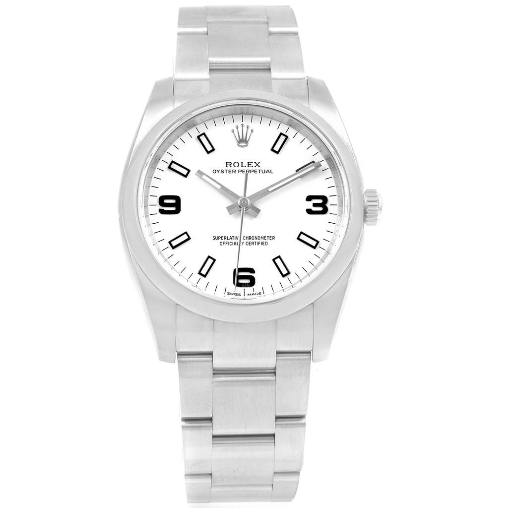 This image shows a front view of a Rolex Air-King 114200 Men's Stainless Steel White Dial 114200 Men's Stainless Steel White Dial watch, showcasing its face, bezel, and band.