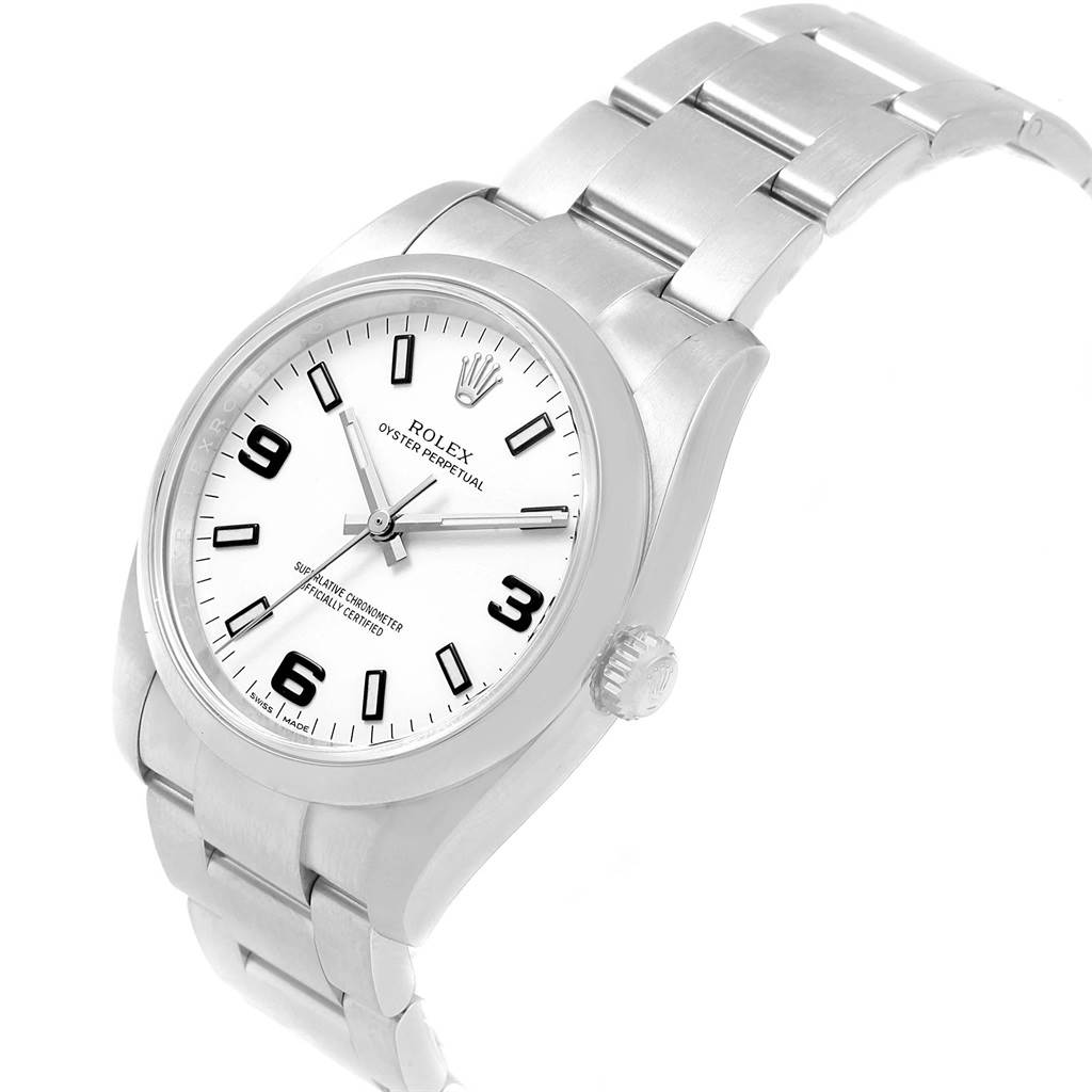 This image shows a close-up, slightly angled view of the Rolex Air-King 114200 Men's Stainless Steel White Dial 114200 Men's Stainless Steel White Dial watch, highlighting the face, bezel, case, and part of the bracelet.