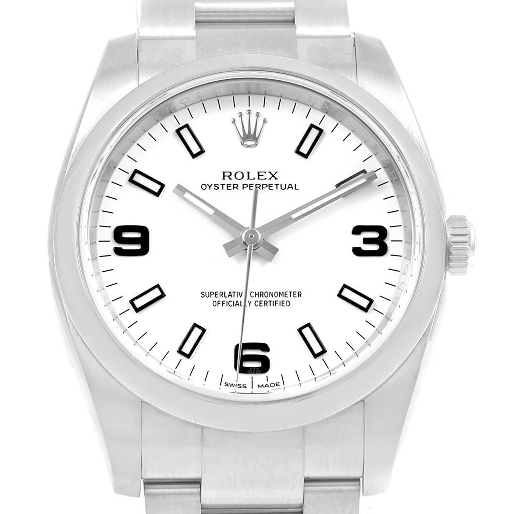 This image shows a front view of the Rolex Air-King 114200 Men's Stainless Steel White Dial 114200 Men's Stainless Steel White Dial watch, including the watch face, crown, and part of the bracelet.