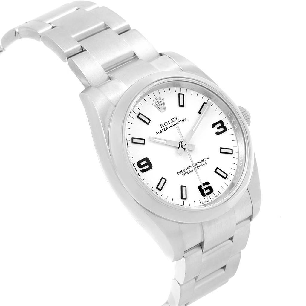 The image shows a Rolex Air-King 114200 Men's Stainless Steel White Dial 114200 Men's Stainless Steel White Dial watch viewed from a front angle, highlighting its dial, bezel, and bracelet.