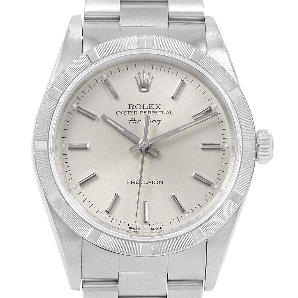The image shows a front view of the Rolex Air-King 14010 Men's Stainless Steel Silver Dial 14010 Men's Stainless Steel Silver Dial watch displaying its dial, hands, crown, and part of the bracelet.
