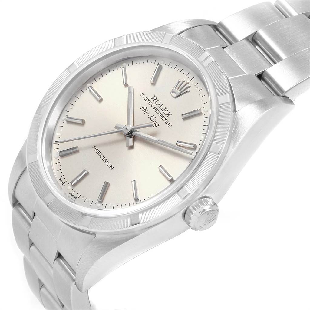 This image shows a Rolex Air-King 14010 Men's Stainless Steel Silver Dial 14010 Men's Stainless Steel Silver Dial watch from an angled view, highlighting the face, bezel, crown, and part of the bracelet.