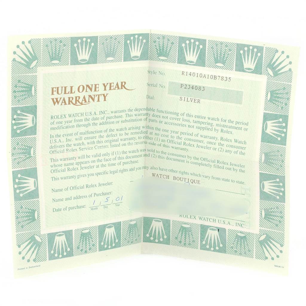 The image shows a full one-year warranty certificate for a Rolex Air-King 14010 Men's Stainless Steel Silver Dial 14010 Men's Stainless Steel Silver Dial watch.