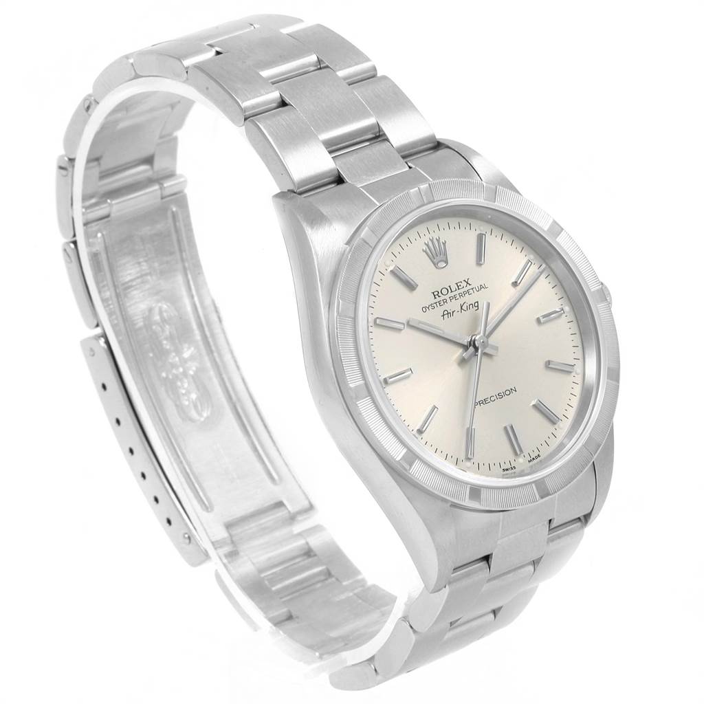 The image shows a side angle of the Rolex Air-King 14010 Men's Stainless Steel Silver Dial 14010 Men's Stainless Steel Silver Dial watch, highlighting the dial, case, and bracelet.