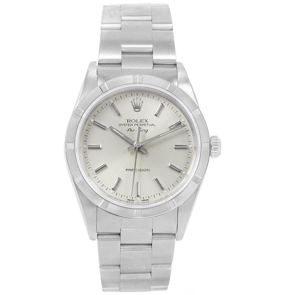 The image shows a front view of the Rolex Air-King 14010 Men's Stainless Steel Silver Dial 14010 Men's Stainless Steel Silver Dial watch displaying the dial, hands, case, bezel, crown, and bracelet.