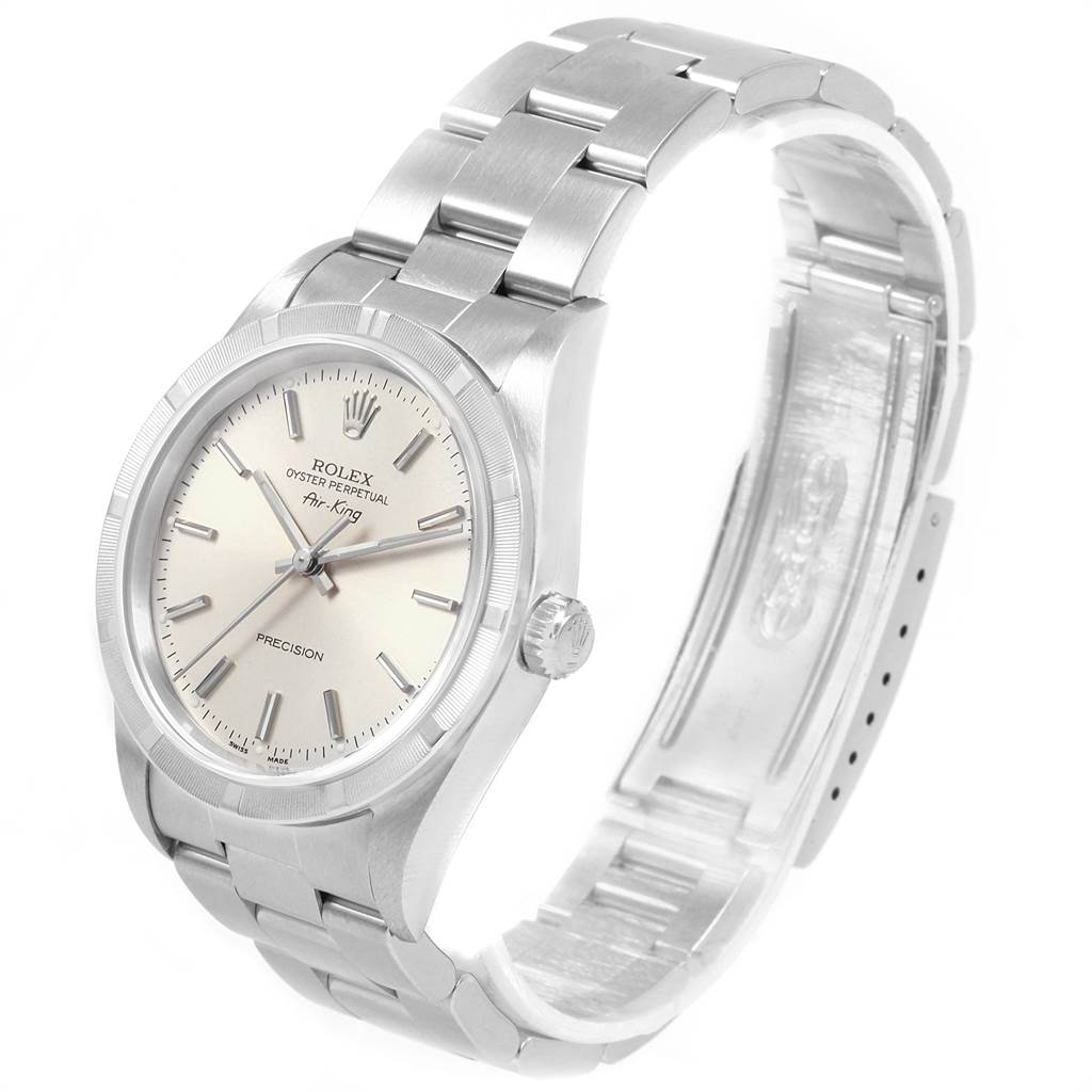 The Rolex Air-King 14010 Men's Stainless Steel Silver Dial 14010 Men's Stainless Steel Silver Dial watch is shown from a three-quarter angle, highlighting the dial, bezel, crown, and bracelet.