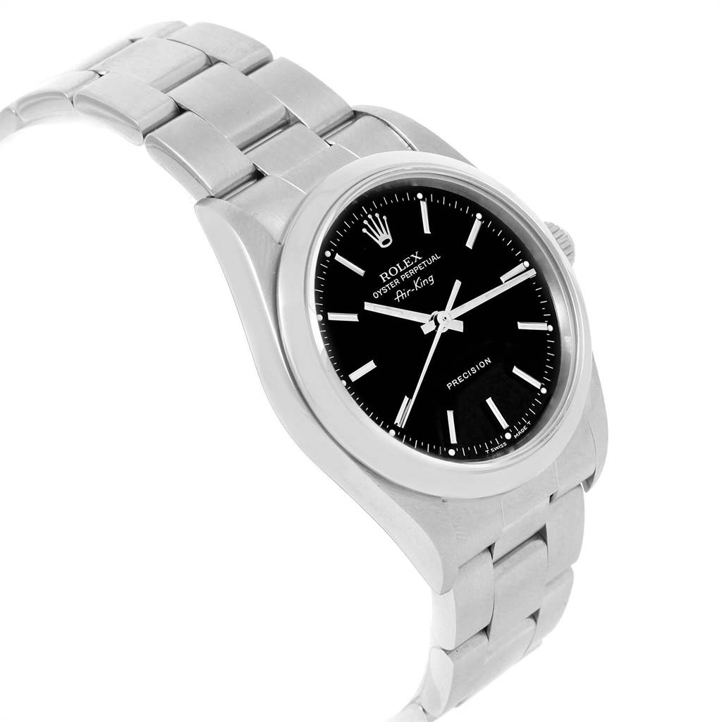 This image shows a Rolex Air-King 14000 Men's Stainless Steel Black Dial 14000 Men's Stainless Steel Black Dial watch at a slight angle, highlighting the black dial, stainless steel case, and bracelet.