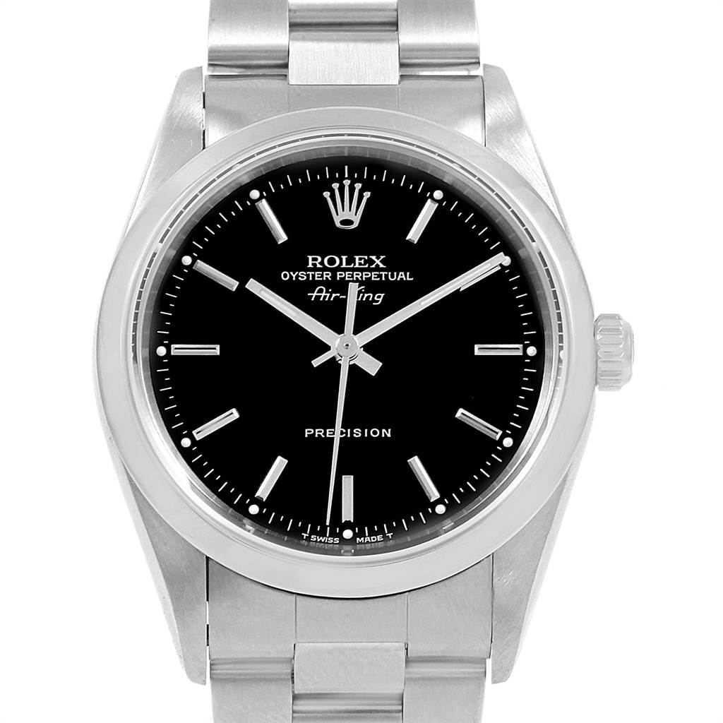 The image shows a front view of a Rolex Air-King 14000 Men's Stainless Steel Black Dial 14000 Men's Stainless Steel Black Dial watch, displaying the dial, hands, crown, and part of the metal bracelet.
