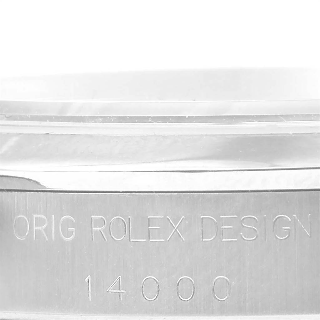 The image shows a close-up of the side of the case, highlighting the model number and "Orig Rolex Design" engraving on a Rolex Air-King 14000 Men's Stainless Steel Black Dial 14000 Men's Stainless Steel Black Dial watch.