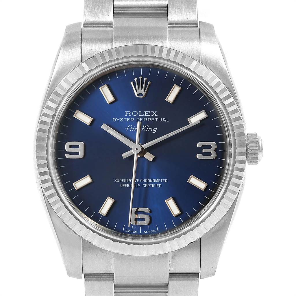 The image shows a front view of the Rolex Air-King 114234 Men's Stainless Steel Blue Dial 114234 Men's Stainless Steel Blue Dial watch, highlighting the dial, hands, crown, and bracelet.