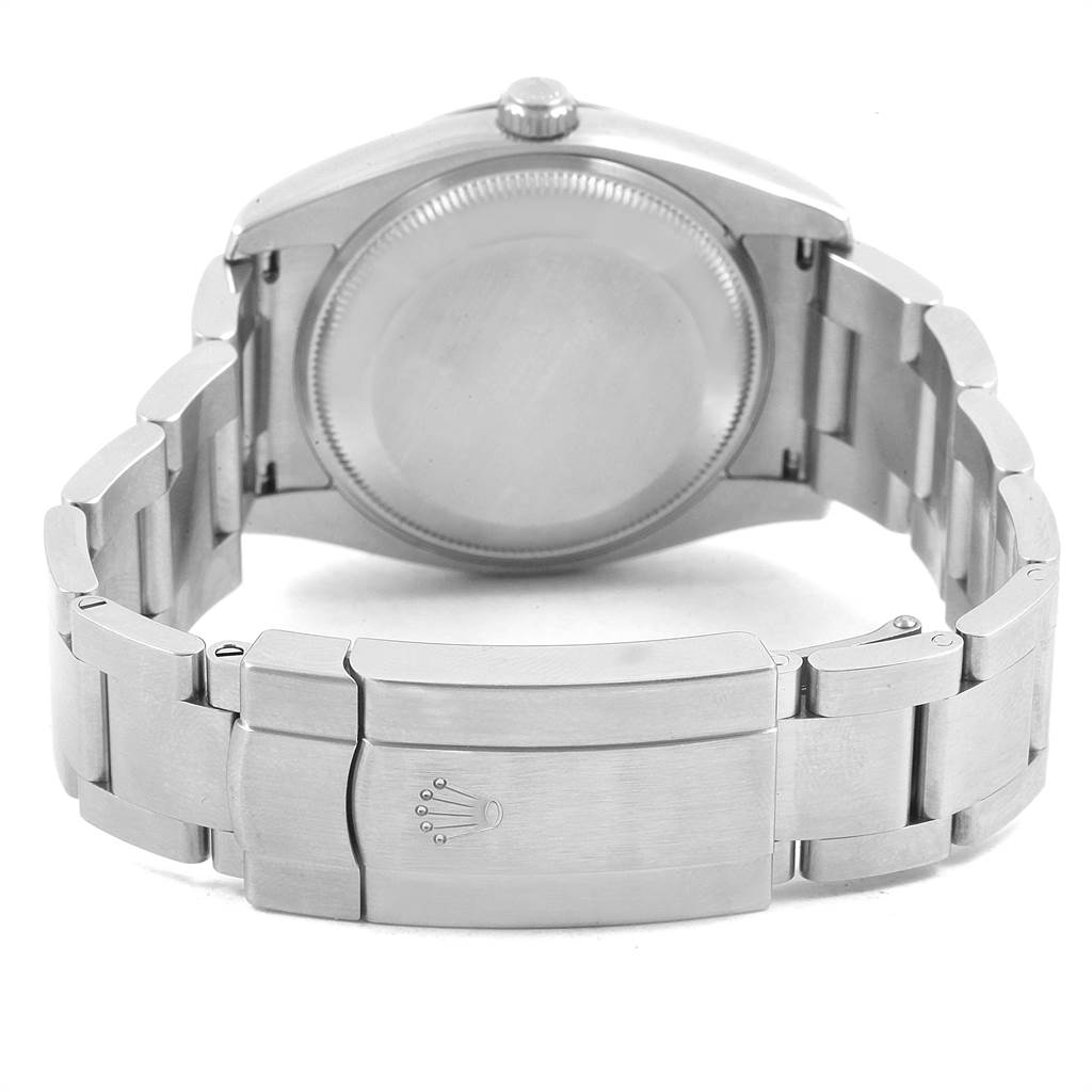 This image shows the back view of the Rolex Air-King 114234 Men's Stainless Steel Blue Dial 114234 Men's Stainless Steel Blue Dial watch, highlighting its case back and stainless steel bracelet with clasp.