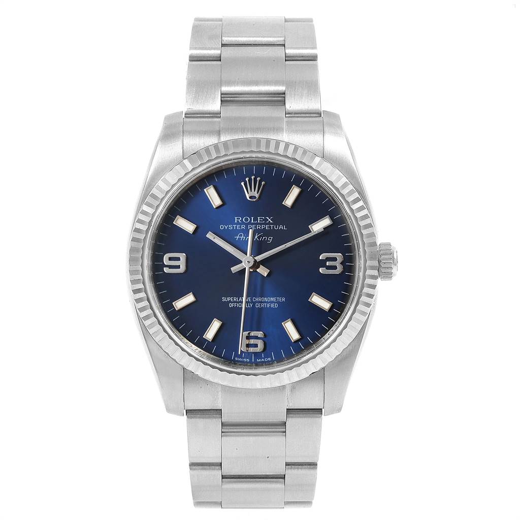 This image shows a front view of the Rolex Air-King 114234 Men's Stainless Steel Blue Dial 114234 Men's Stainless Steel Blue Dial watch, displaying the dial, hands, bezel, and bracelet.