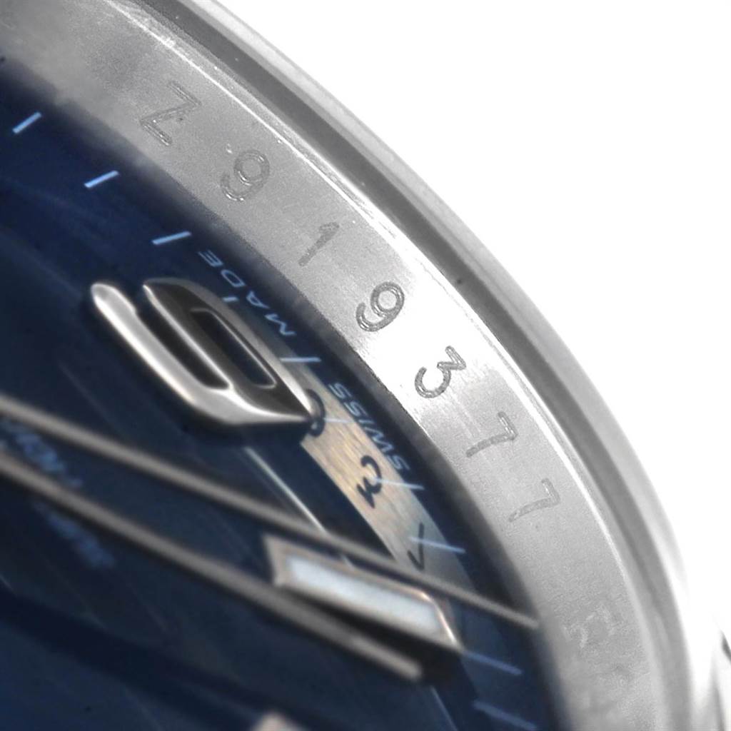 Close-up angle showing the dial and bezel of the Rolex Air-King 114234 Men's Stainless Steel Blue Dial 114234 Men's Stainless Steel Blue Dial model, displaying partial numerals and hour markers.