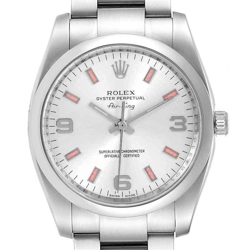 The image shows a front view of the Rolex Air-King watch, displaying the dial, hour markers, hands, crown, and part of the bracelet.