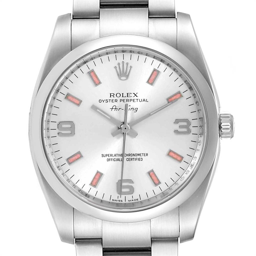 The image shows a front view of the Rolex Air-King 114200 Stainless Steel Silver Dial 114200 Stainless Steel Silver Dial watch, displaying the dial, hour markers, hands, crown, and part of the bracelet.