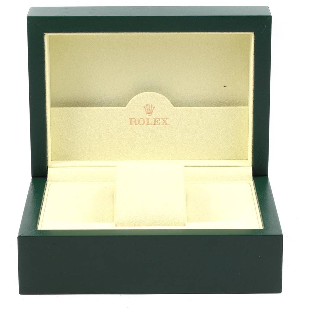 The image shows an open Rolex Air-King 114200 Stainless Steel Silver Dial 114200 Stainless Steel Silver Dial watch box from a front angle.