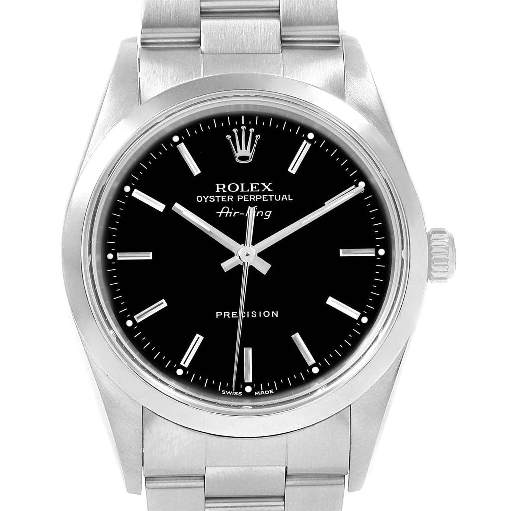 This image shows a front view of the Rolex Air-King 14000 Men's Stainless Steel Black Dial 14000 Men's Stainless Steel Black Dial watch, displaying its face, bezel, crown, and bracelet.