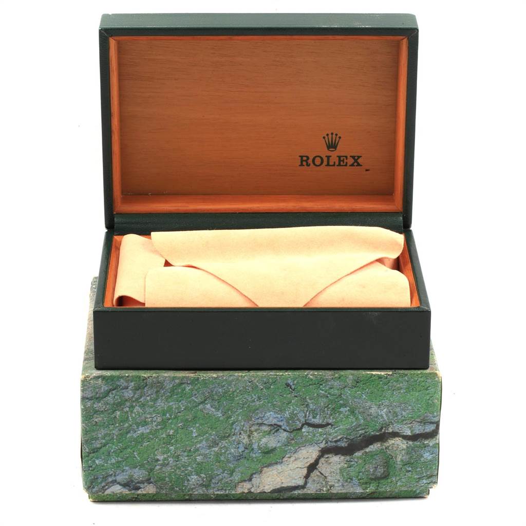 The image shows an open Rolex Air-King 14000 Men's Stainless Steel Black Dial 14000 Men's Stainless Steel Black Dial watch box with an interior cushion, viewed from the front angle.