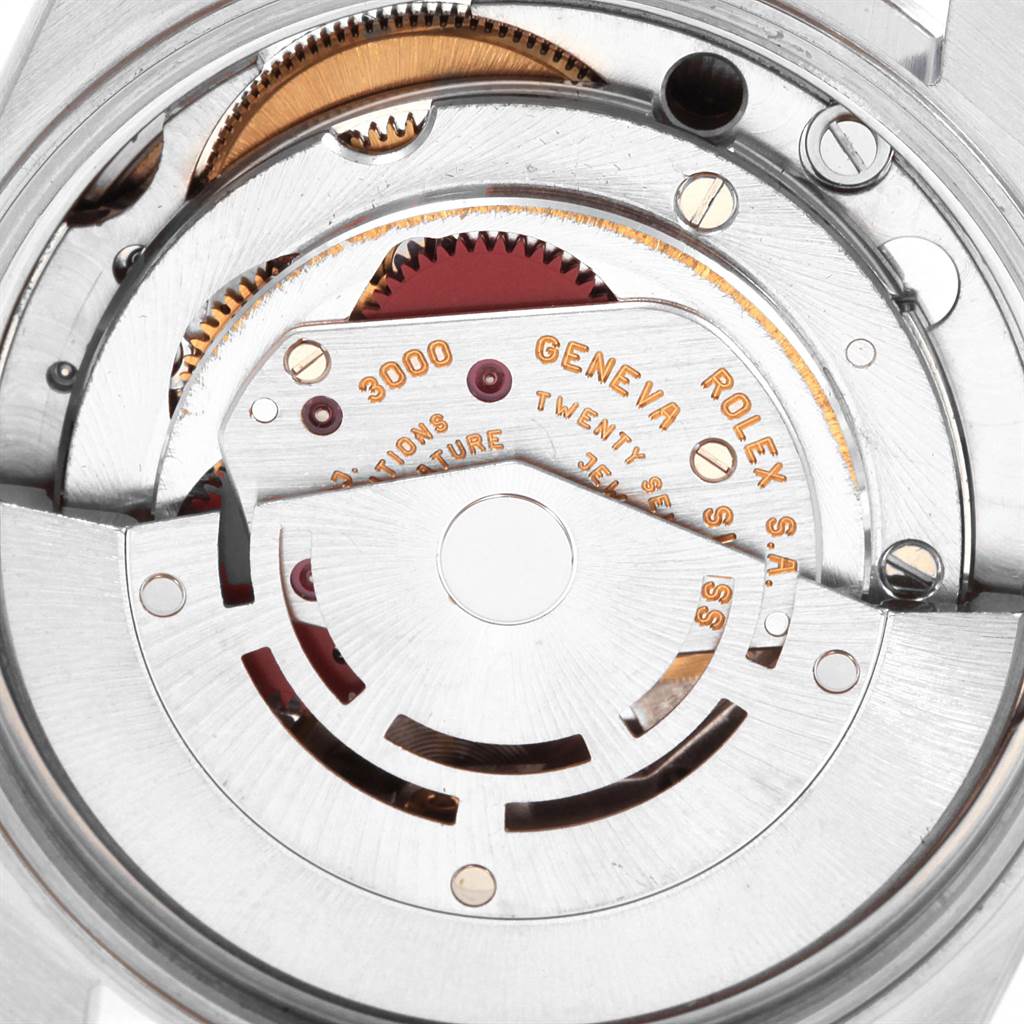 The image shows a detailed view of the movement mechanism inside a Rolex Air-King 14000 Men's Stainless Steel Black Dial 14000 Men's Stainless Steel Black Dial model watch.