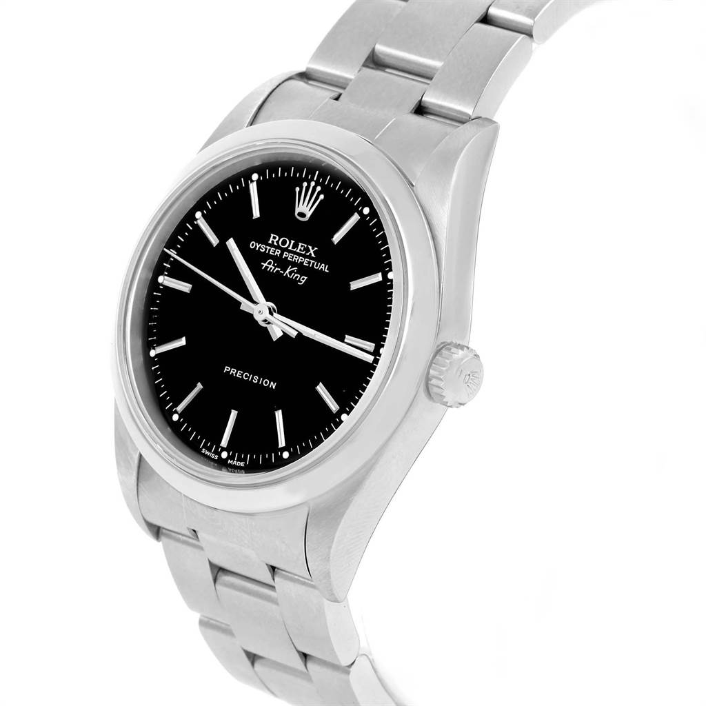 The Rolex Air-King 14000 Men's Stainless Steel Black Dial 14000 Men's Stainless Steel Black Dial watch is shown at a slight angle, displaying the face, bezel, crown, and bracelet.