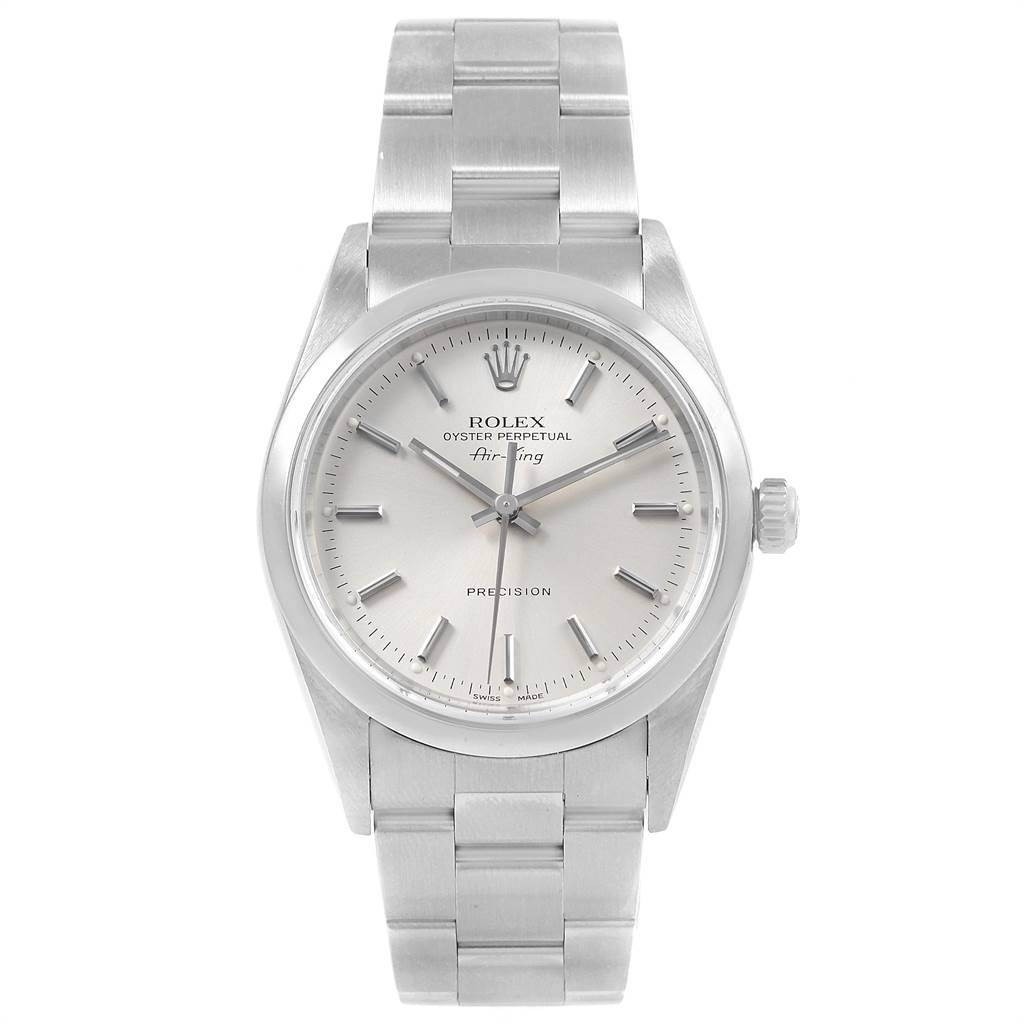 The Rolex Air-King 14000 Men's Stainless Steel Silver Dial 14000 Men's Stainless Steel Silver Dial watch is shown from the front, displaying the dial, crown, and stainless steel bracelet band.