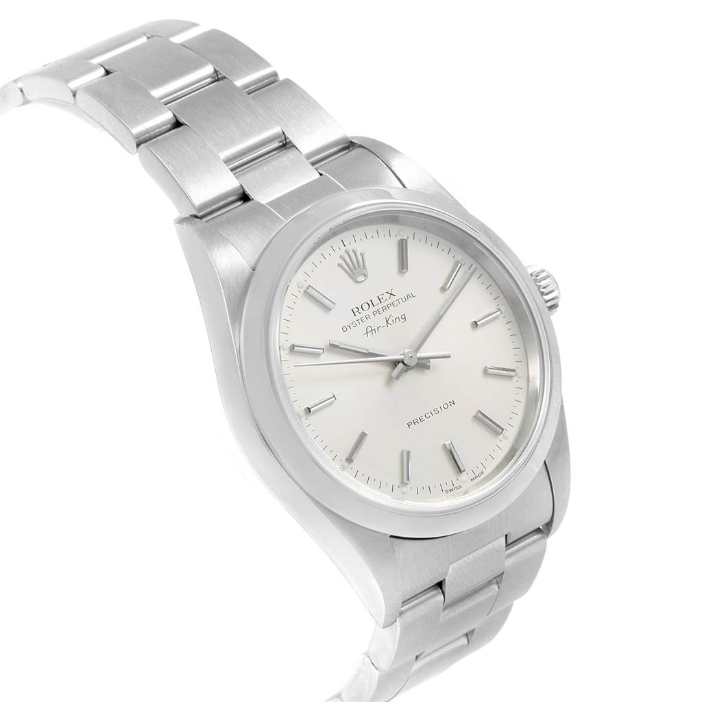 The image shows a Rolex Air-King 14000 Men's Stainless Steel Silver Dial 14000 Men's Stainless Steel Silver Dial watch from an angled side view, highlighting the dial, bezel, crown, and metal bracelet.