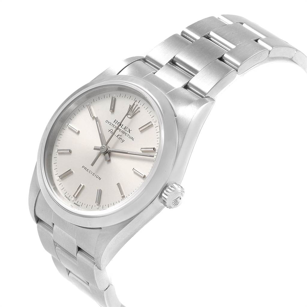 The Rolex Air-King 14000 Men's Stainless Steel Silver Dial 14000 Men's Stainless Steel Silver Dial watch is shown at a slight angle, displaying the face, case, crown, and part of the bracelet.