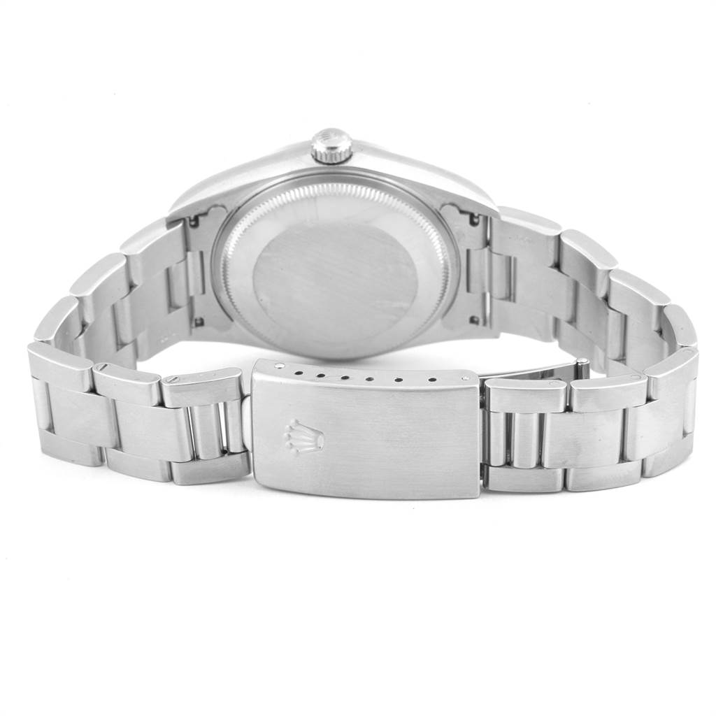 This image shows the back view of a Rolex Air-King 14000 Men's Stainless Steel Silver Dial 14000 Men's Stainless Steel Silver Dial watch, highlighting its clasp and bracelet.