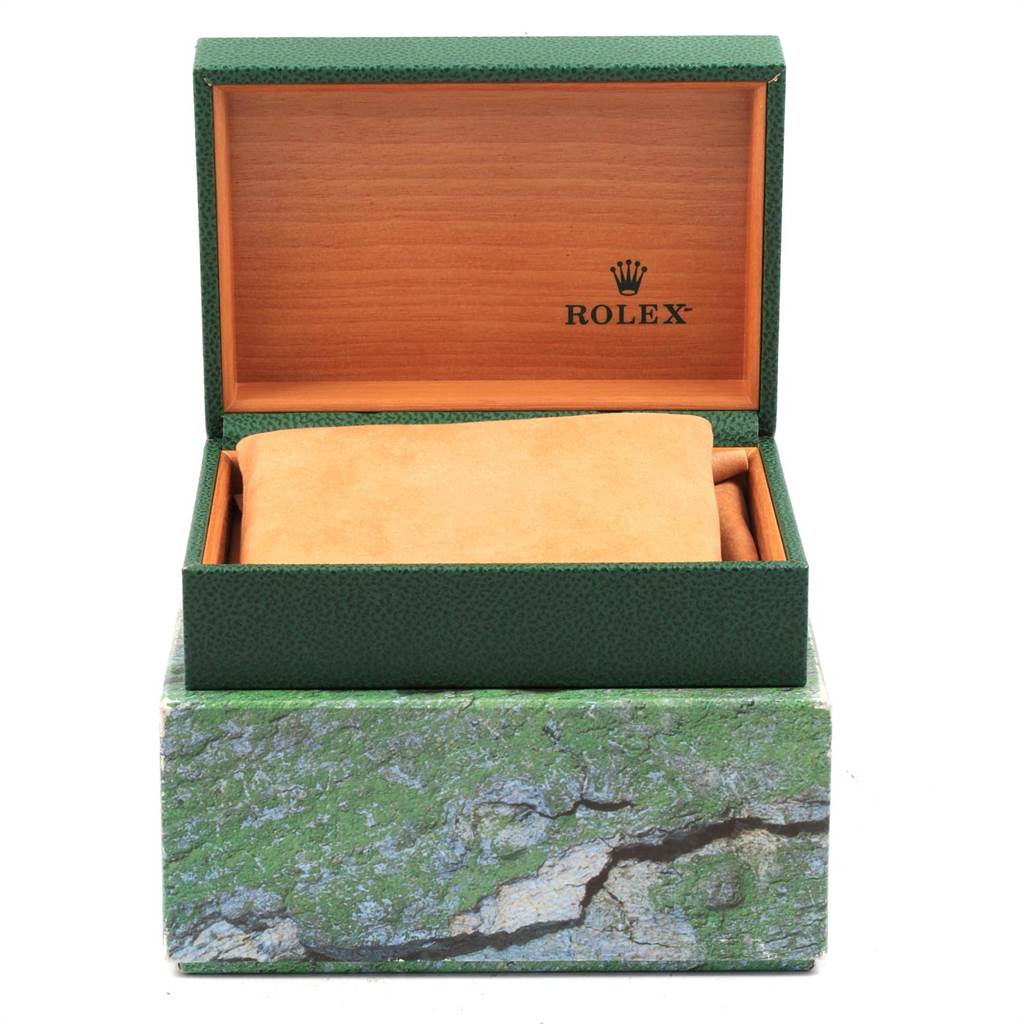 The image shows an open Rolex box for the Air-King model, displaying the interior cushion and packaging from a front angle.